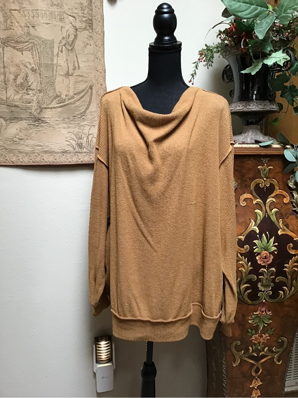 We The Free Relaxed Cowl Neck Light Tee/Sweater in Camel